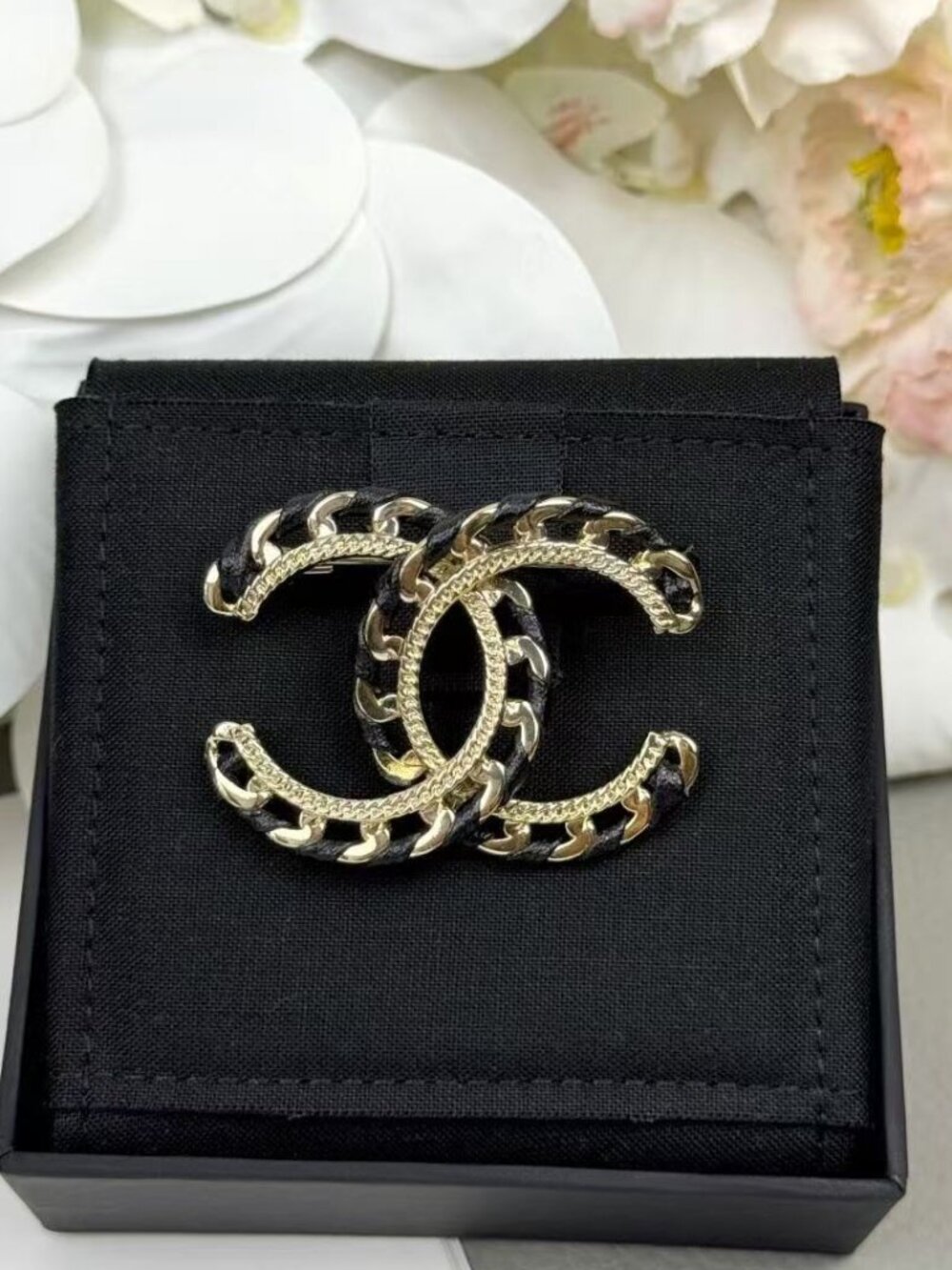 CHANEL Classic Leather Interwoven CC Brooch